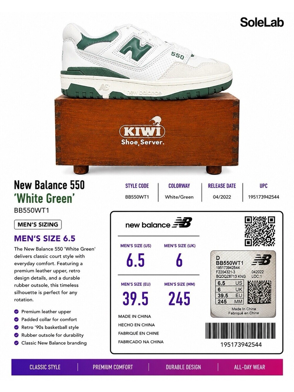 New Balance 550 White Green BB550WT1 Men’s Size 6.5 Leather Lifestyle Sneakers